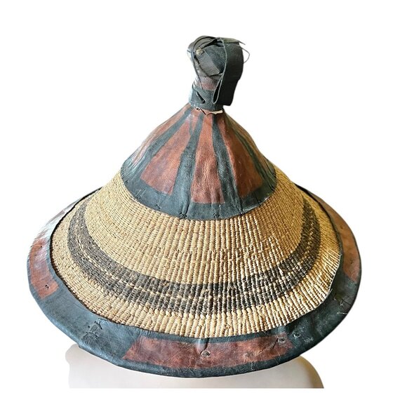 West African Tuareg Fulani Hat Tribal Handmade Leather & Grass Fiber Chin Strap - Picture 3 of 11